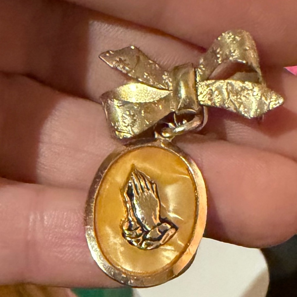 Vintage West Germany Gold Prayer Pin Brooch with Bow